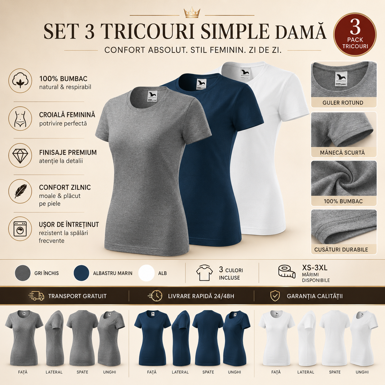 Set 3 tricouri damă 100% bumbac casual clasic gri &icirc;nchis albastru marin alb transport gratuit